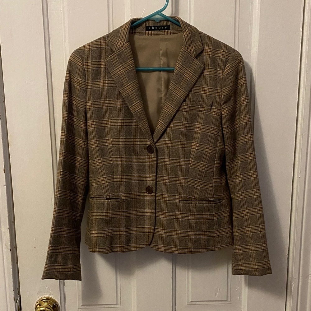 Theory Brown Plaid Women's Wool Blend Blazer